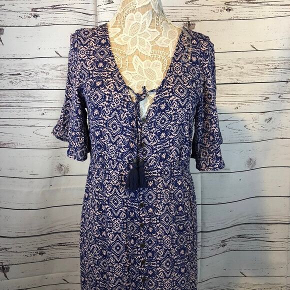 Artesia Boho Chic Button Front Short Sleeve Maxi tasel neck closing size medium - Picture 3 of 12